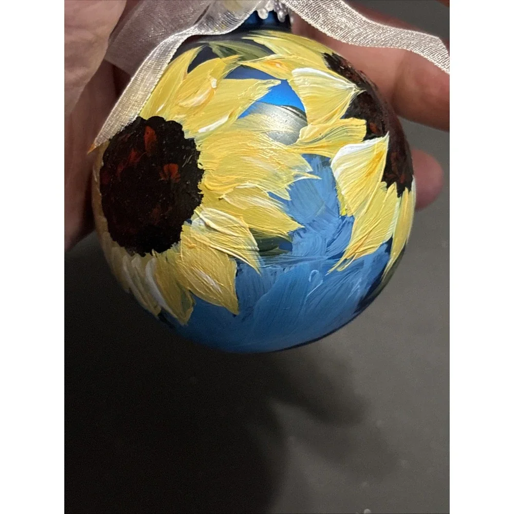 Lot of 5 Hand Painted Glass Sunflower Christmas Ornaments Thanksgiving Holidays